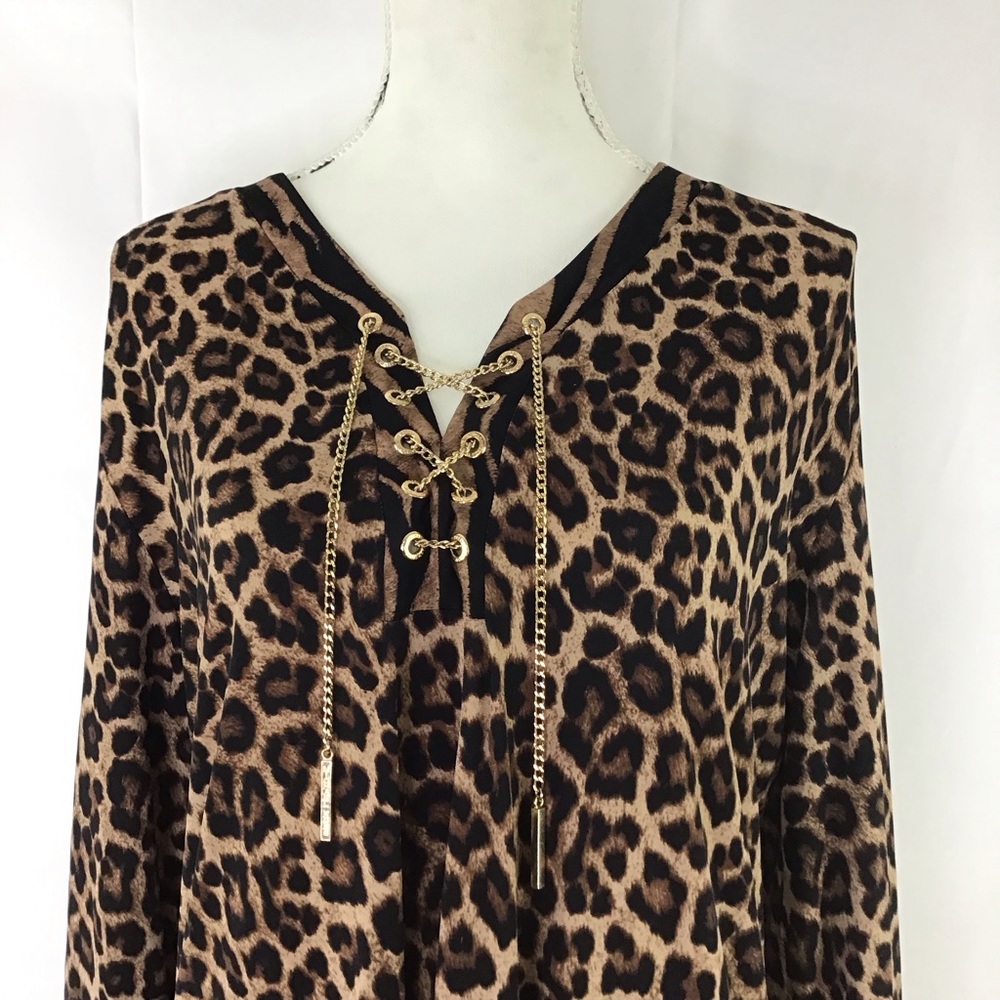 MICHAEL KORS WOMEN LEOPARD/ TIGER SHEATH LONG-SLEEVE DRESS SIZE L GOLD CHAIN - Picture 3 of 8